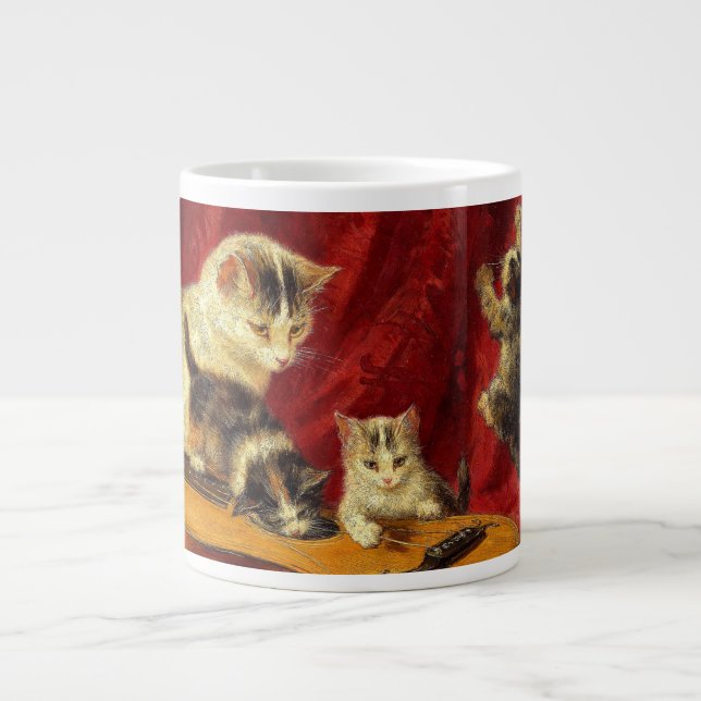 Taza De Café Gigante Madre gata y gatitos jugando con guitarra (Frente)