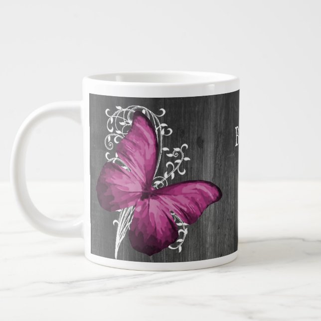 Taza De Café Gigante Magenta Rustic Butterfly personalizada (Izquierda)