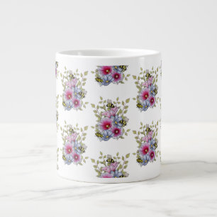 Taza De Café Gigante Malvarrosas y flores azules con abejas