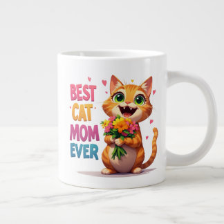 Taza De Café Gigante Mamá Gata Adorable Sosteniendo Flores Y Corazones