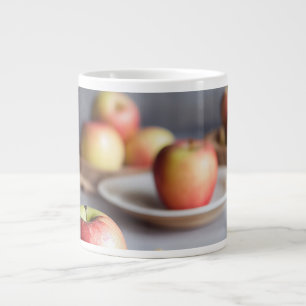 Taza De Café Gigante Manzanas rojas frescas sobre la mesa, migajas de t