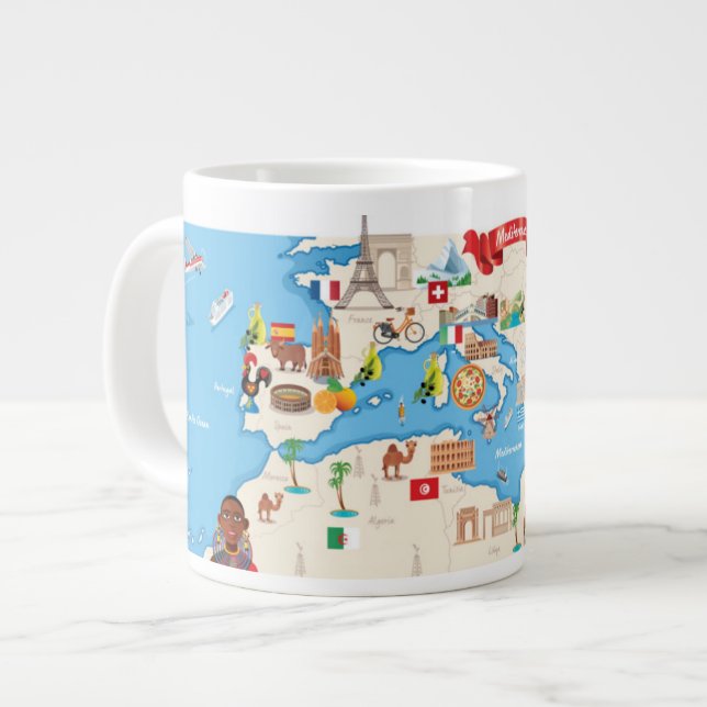 Taza De Café Gigante Mapa Personalizado del Mediterráneo (Izquierda)