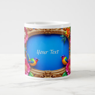 Taza De Café Gigante Marco floral brillante con pájaros coloridos