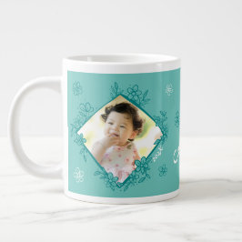 Taza De Café Gigante Marco floral Personalizado Verde azulado y blanco