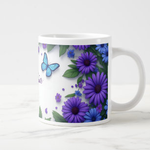 Taza De Café Gigante Mariposa Azul Flores Purpura Jardín de Primavera