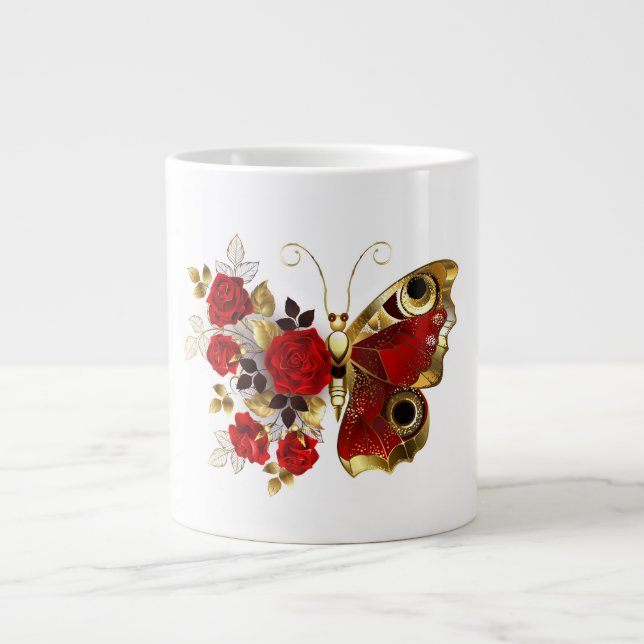 Taza De Café Gigante Mariposa de flor roja con rosas rojas (Frente)