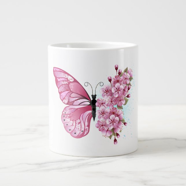 Taza De Café Gigante Mariposa de flores con Sakura rosa (Frente)
