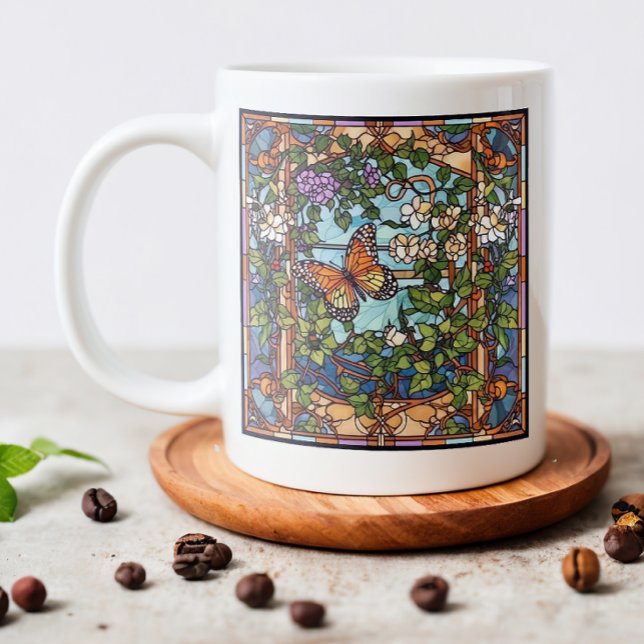 Taza De Café Gigante Mariposa de vidrio templado (Enjoy your morning coffee in this elegant stained glass butterfly mug.)