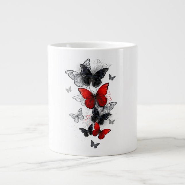 Taza De Café Gigante Mariposas Morpho voladoras negras y rojas (Frente)