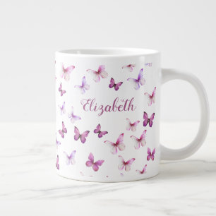 Taza De Café Gigante Mariposas Rosadas Bonitas Nombre Personalizado