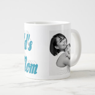 Taza De Café Gigante Mejor foto de Mamá con texto azul cielo