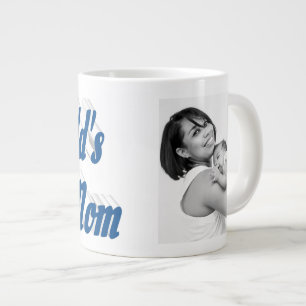 Taza De Café Gigante Mejor foto de Mamá con texto azul marino