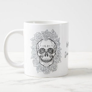 Taza De Café Gigante ¡Memento Mori! Calavera y Rosas, mano dibujada
