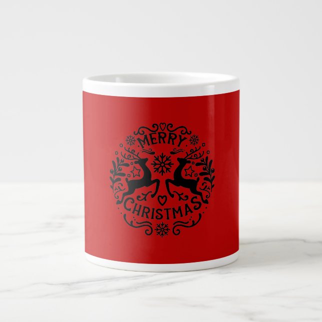 Taza De Café Gigante Merry Christmas Reindeer , Red Black (Frente)