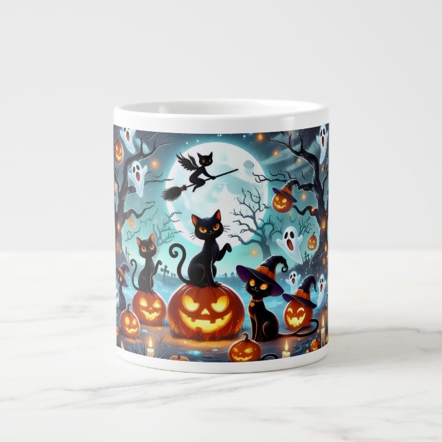 Taza De Café Gigante Midnight Magic: Black Cats & Pumpkins Halloween  (Frente)