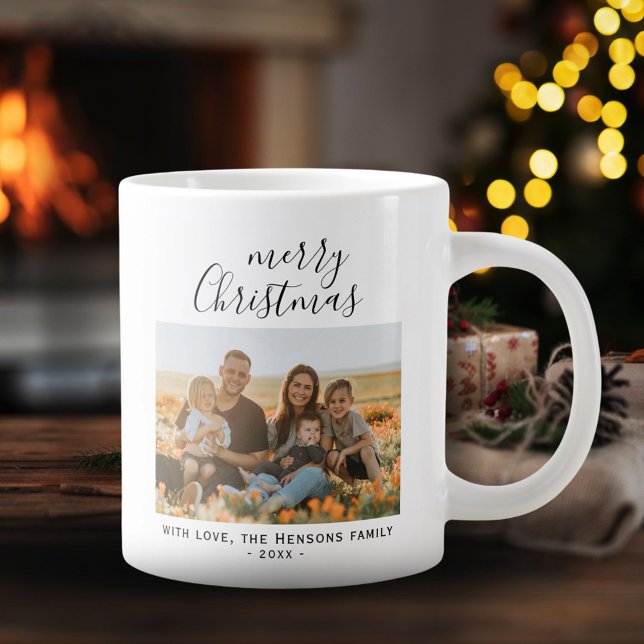 Taza De Café Gigante Mínimo Simple Merry Christmas Script Family Photo (Subido por el creador)