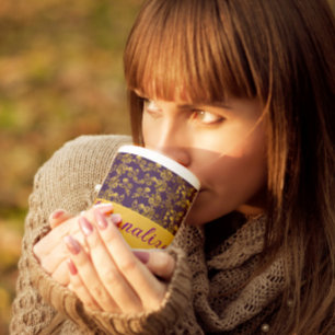 Taza De Café Gigante Moda Flores doradas patrón púrpura   personalizado