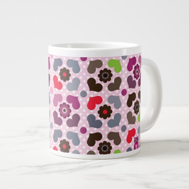 Taza De Café Gigante modelo rosado de las flores y de los búhos (Derecha)