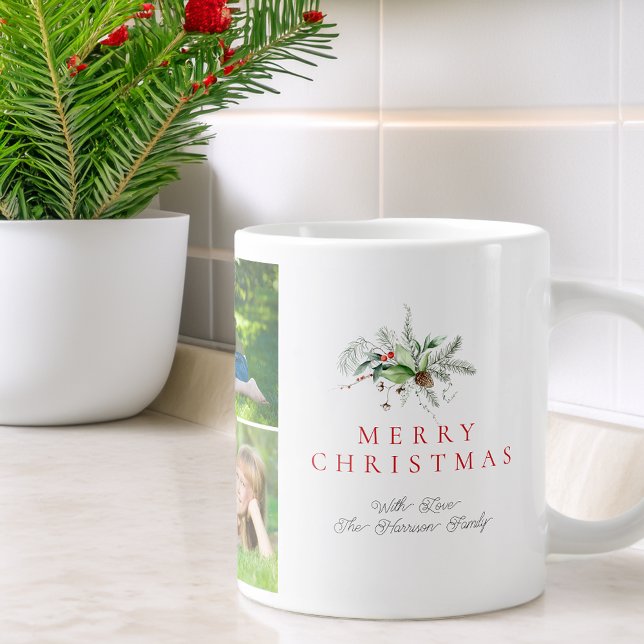 Taza De Café Gigante Modern Photo Collage Greenery Merry Christmas (Modern Photo Collage Greenery Merry Christmas Giant Coffee Mug)