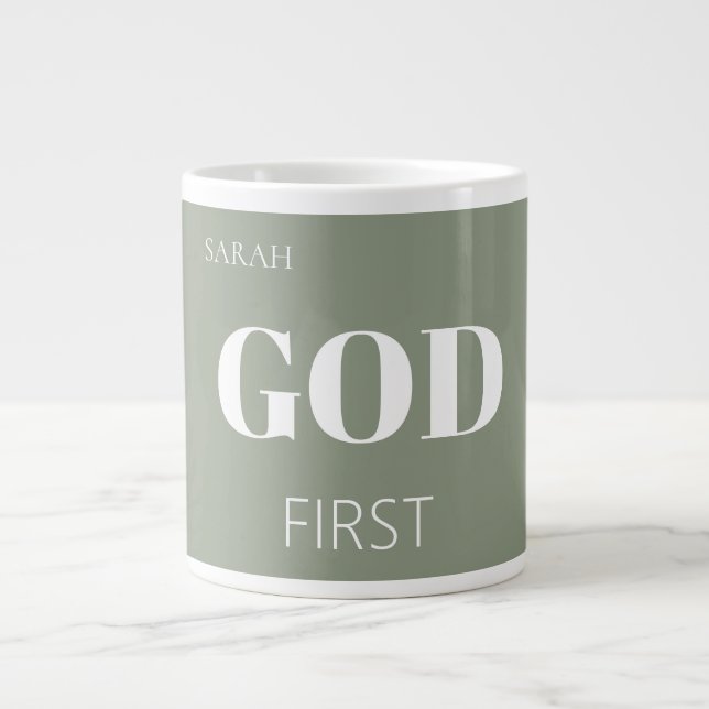 Taza De Café Gigante Modern Sage Green God First Faith Saying Slogan  (Frente)