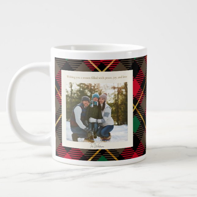 Taza De Café Gigante Monogram 2 Photo Rustic Green Red Plaid Christmas (Izquierda)