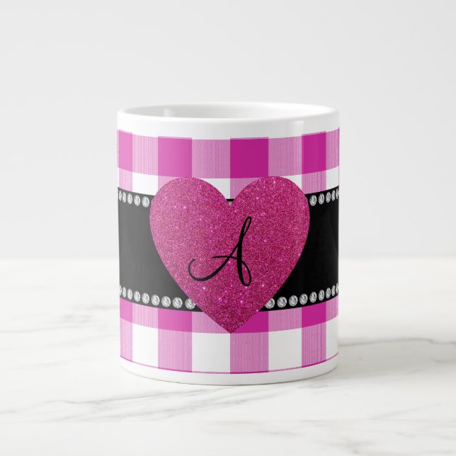 Taza De Café Gigante MONOGRAM Carácter gingham rosa (Frente)