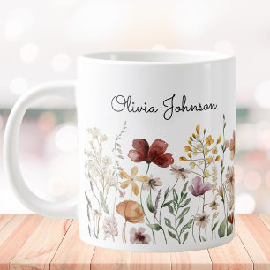 Taza De Café Gigante Monograma Acuarela Flor Silvestre Floral Bonito 