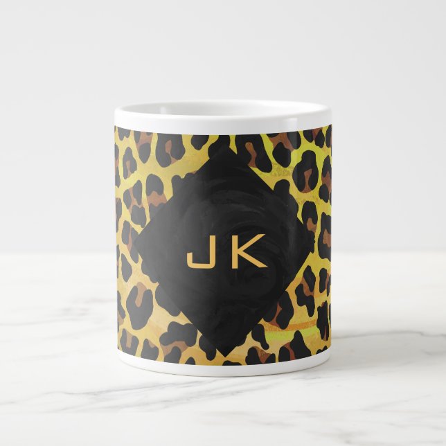 Taza De Café Gigante Monograma con leopardo marrón y amarillo (Frente)