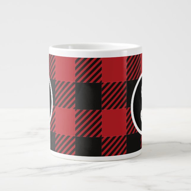 Taza De Café Gigante Monograma de juego de búfalo rojo y negro personal (Frente)