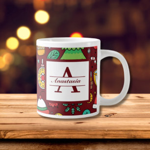 Taza De Café Gigante Monograma de Navidades festivos Doodles