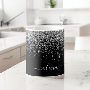 Taza De Café Gigante Monograma de nombre moderno con brillo negro plate