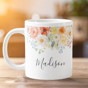 Taza De Café Gigante Monograma de nombre personalizado acuarela floral 