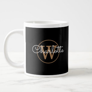 Taza De Café Gigante Monograma de oro Elegante Girly Script Negro 