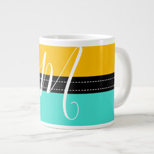 Taza De Café Gigante Monograma Elegante color turquesa y ámbar sólido