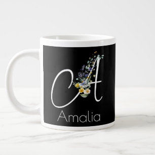 Taza De Café Gigante Monograma floral de acuarela negro para jubilación