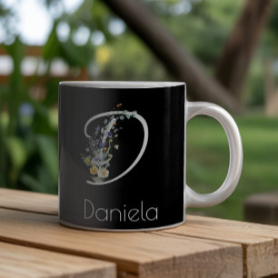 Taza De Café Gigante Monograma floral de acuarela negro para jubilación