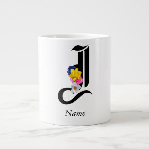 Taza De Café Gigante Monograma Floral Personalizado J + Nombre