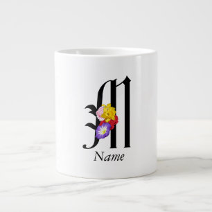 Taza De Café Gigante Monograma Floral Personalizado M + Nombre