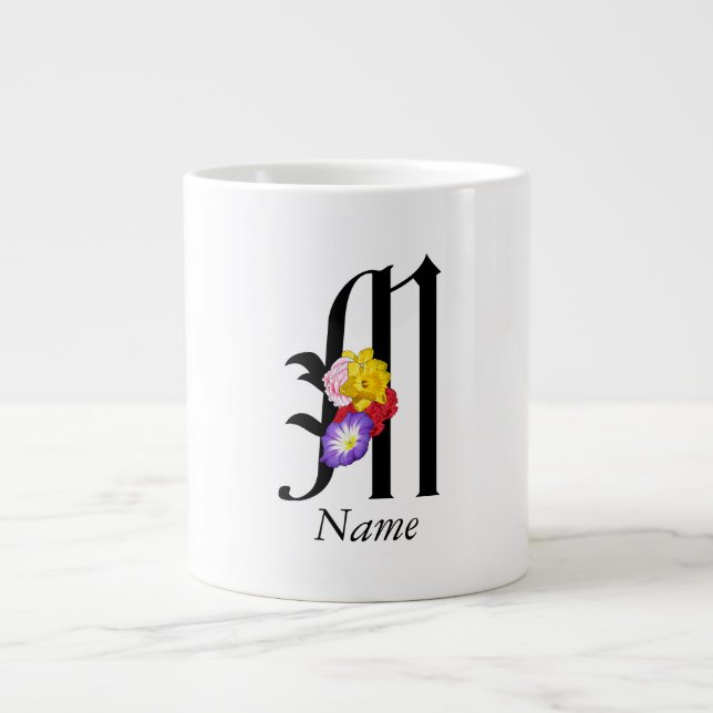 Taza De Café Gigante Monograma Floral Personalizado M + Nombre (Frente)