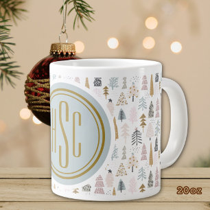 Taza De Café Gigante Monograma, Grande 20oz. Árboles de Invierno Rústic