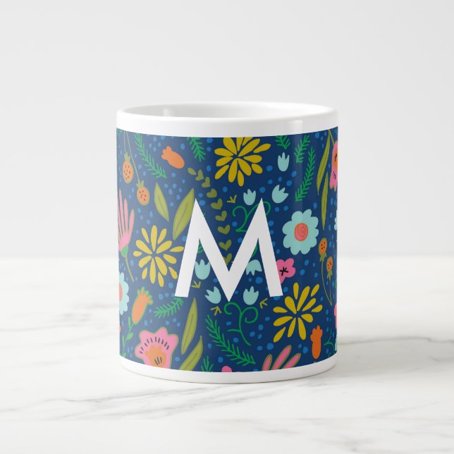 Taza De Café Gigante Monograma inicial floral Jumbo Mug (Frente)