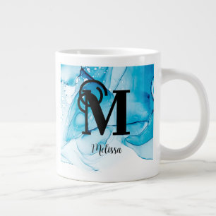 Taza De Café Gigante Monograma moderno de mármol azul