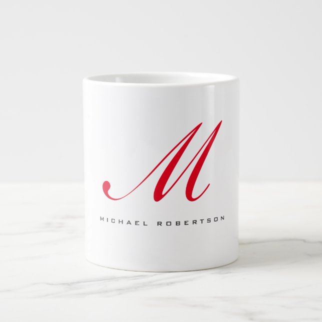 Taza De Café Gigante Monograma Nombre inicial Blanco Rojo Único Minimal (Frente)