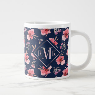 Taza De Café Gigante Monograma Patrón color de agua rosa oscuro