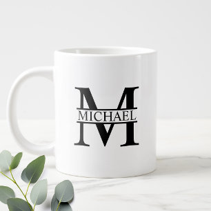 Taza De Café Gigante Monograma y nombre personalizados en blanco y negr