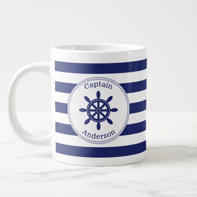 Taza De Café Gigante Monogramado de la franja azul de la rueda del capi (Izquierda)