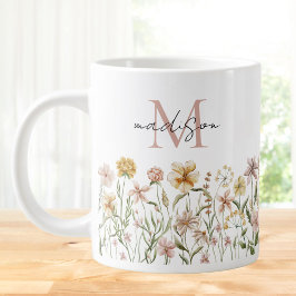 Taza De Café Gigante Monogramo Acuarela Flor silvestre pradera floral