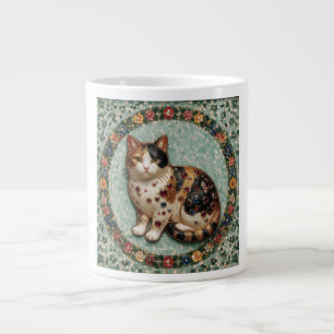 Taza De Café Gigante Mosaico Floral de Gato Calico de Estilo Antiguo Fi