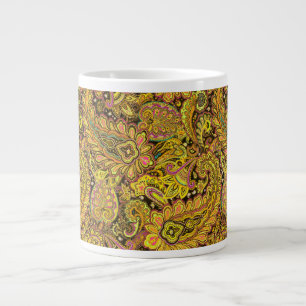 Taza De Café Gigante Motivo Paisley en Amarillo, Marrón sobre Fondo Neg