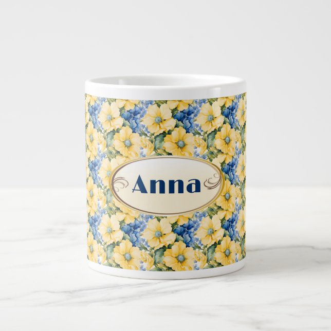 Taza De Café Gigante Mug de flores azules y amarillas de Francia (Frente)